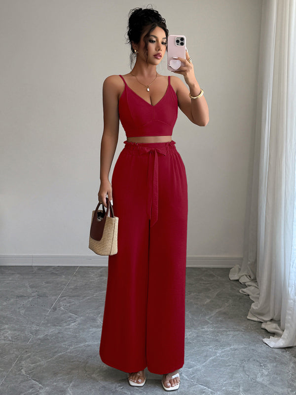 Burgundy suspender vest wide-leg pants two-piece set-[Adult]-[Female]-2022 Online Blue Zone Planet