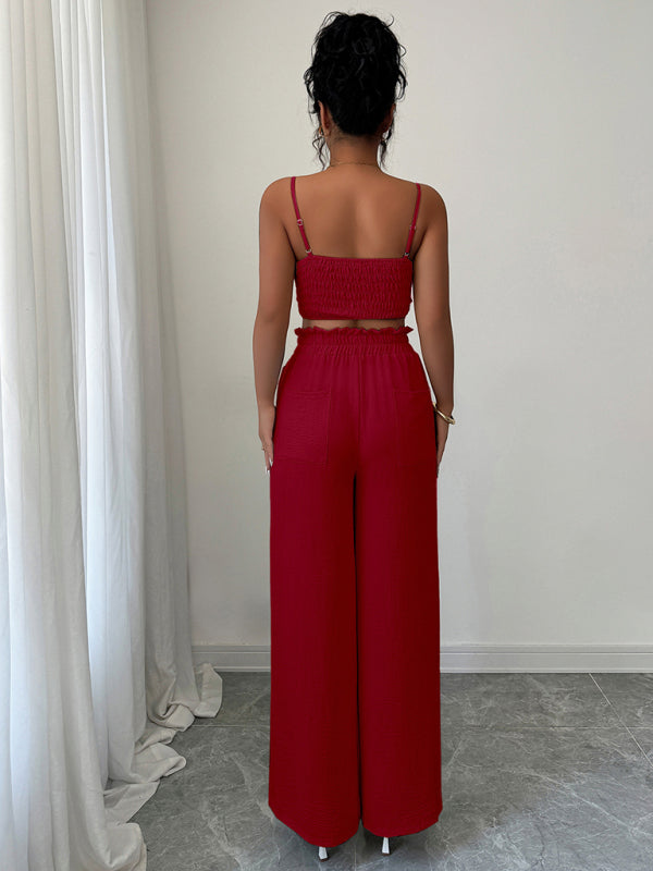 Burgundy suspender vest wide-leg pants two-piece set-[Adult]-[Female]-2022 Online Blue Zone Planet