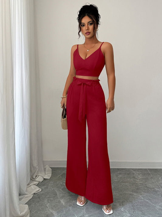 Burgundy suspender vest wide-leg pants two-piece set-[Adult]-[Female]-Wine Red-S-2022 Online Blue Zone Planet