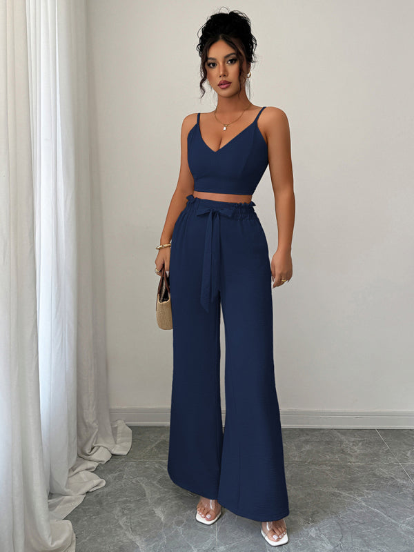 Navy Blue Suspender Vest Wide Leg Pants Two-Piece Set-[Adult]-[Female]-Champlain color-S-2022 Online Blue Zone Planet
