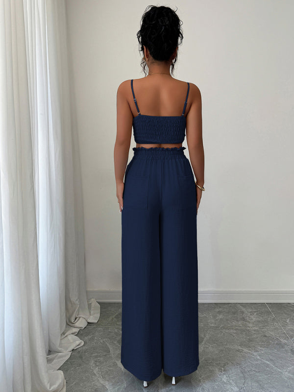 Navy Blue Suspender Vest Wide Leg Pants Two-Piece Set-[Adult]-[Female]-2022 Online Blue Zone Planet