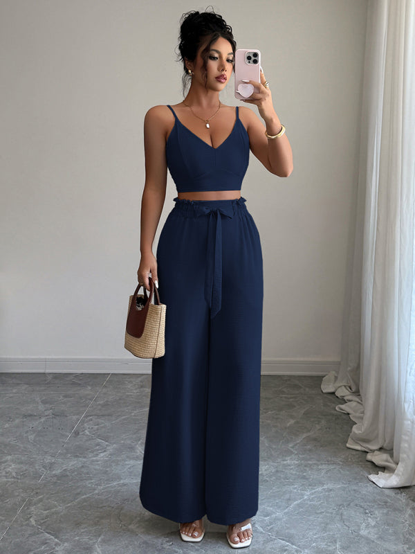 Navy Blue Suspender Vest Wide Leg Pants Two-Piece Set-[Adult]-[Female]-2022 Online Blue Zone Planet