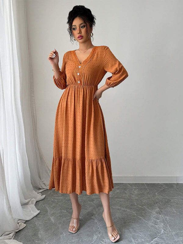 Orange simple lace patchwork dress-[Adult]-[Female]-Orange-S-2022 Online Blue Zone Planet