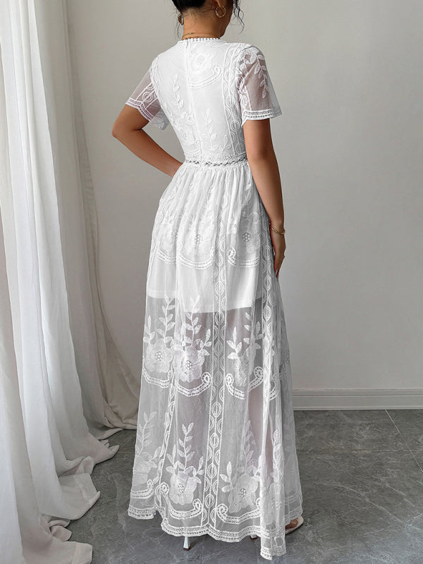 Lace hollow short sleeve dress-TOPS / DRESSES-[Adult]-[Female]-2022 Online Blue Zone Planet