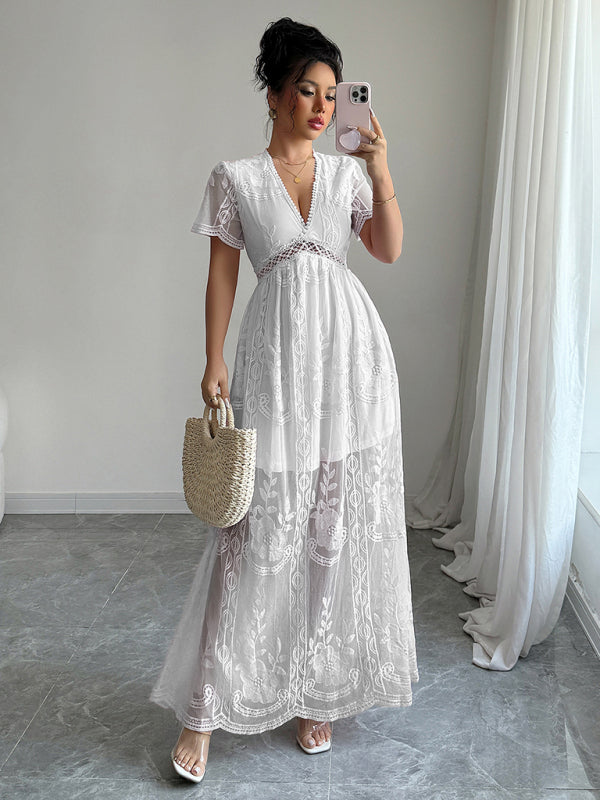 Lace hollow short sleeve dress-TOPS / DRESSES-[Adult]-[Female]-2022 Online Blue Zone Planet