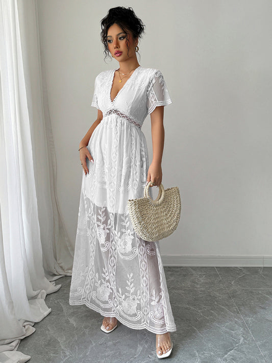 Lace hollow short sleeve dress-TOPS / DRESSES-[Adult]-[Female]-White-S-2022 Online Blue Zone Planet
