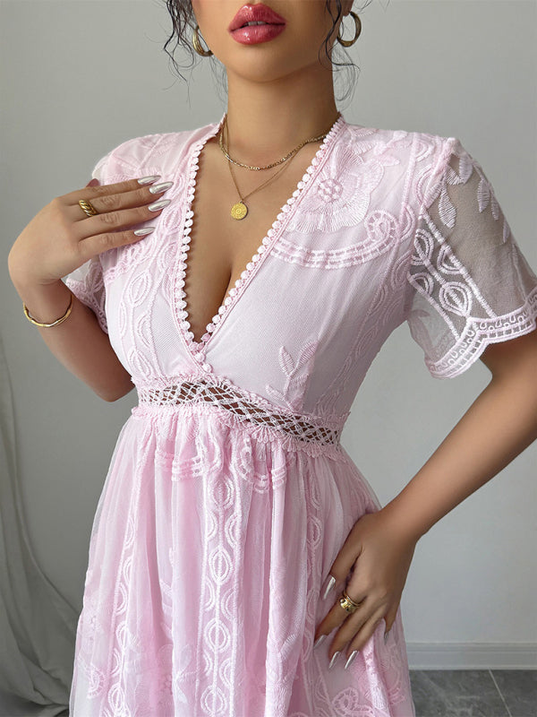 Pink Lace Hollow Short Sleeve Dress Pink / XL by Blue Zone Planet Pink Lace Hollow Short Sleeve Dress Pink / XL by Blue Zone Planet