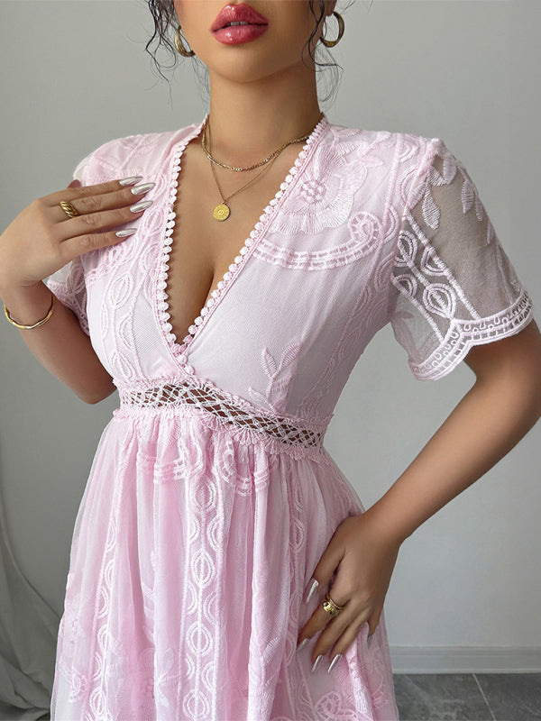 Pink Lace Hollow Short Sleeve Dress-TOPS / DRESSES-[Adult]-[Female]-2022 Online Blue Zone Planet