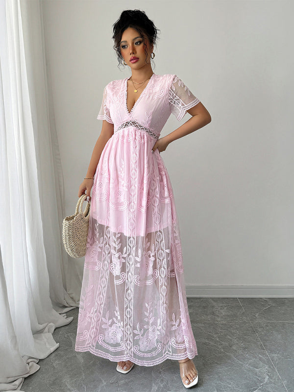 Pink Lace Hollow Short Sleeve Dress-TOPS / DRESSES-[Adult]-[Female]-Pink-S-2022 Online Blue Zone Planet