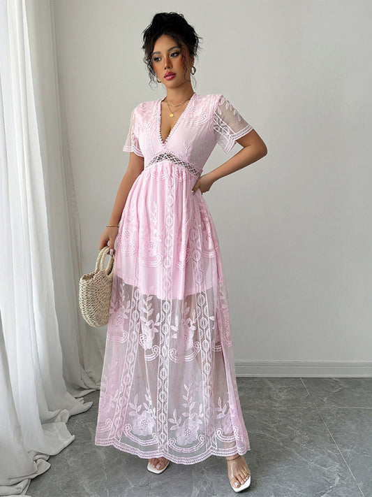 Pink Lace Hollow Short Sleeve Dress-TOPS / DRESSES-[Adult]-[Female]-Pink-S-2022 Online Blue Zone Planet