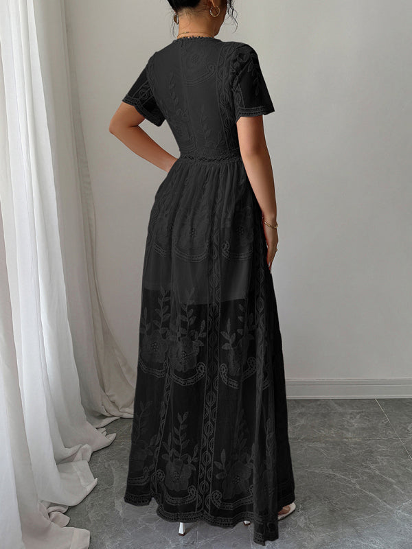 Black lace hollow short sleeve dress-[Adult]-[Female]-2022 Online Blue Zone Planet