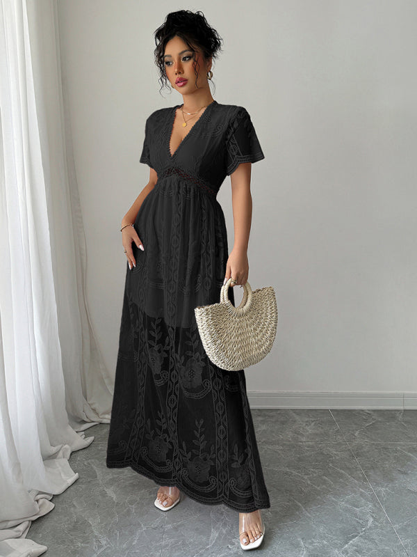 Black lace hollow short sleeve dress-[Adult]-[Female]-2022 Online Blue Zone Planet