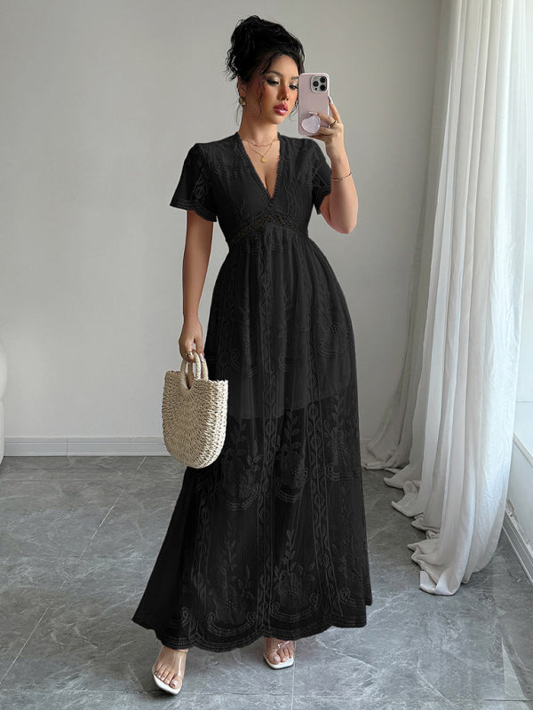 Black lace hollow short sleeve dress-[Adult]-[Female]-2022 Online Blue Zone Planet