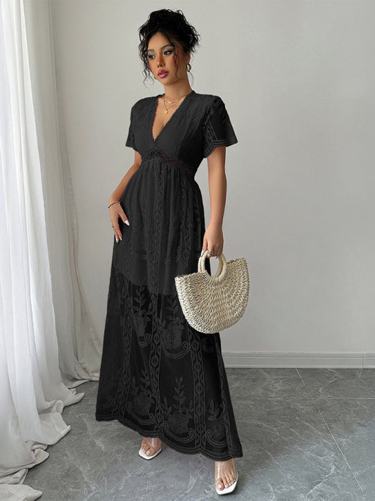 Black lace hollow short sleeve dress-[Adult]-[Female]-Black-S-2022 Online Blue Zone Planet