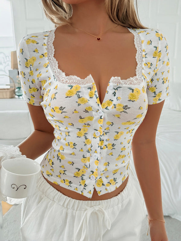Y2K Hot Girl Style Yellow Floral Lace Short Sleeve T-Shirt-[Adult]-[Female]-Yellow-S-2022 Online Blue Zone Planet