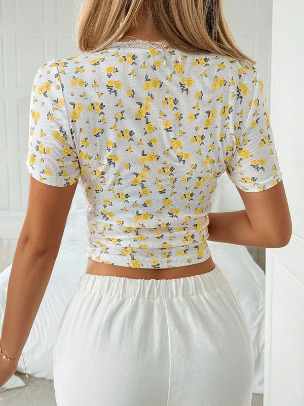 Y2K Hot Girl Style Yellow Floral Lace Short Sleeve T-Shirt-[Adult]-[Female]-2022 Online Blue Zone Planet