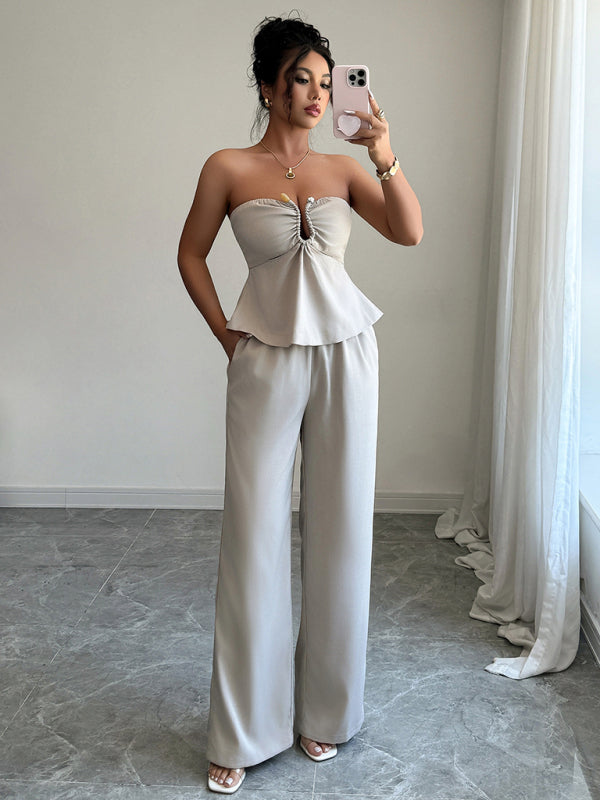 Elegant and simple design tube top straight pants suit-[Adult]-[Female]-Cracker khaki-S-2022 Online Blue Zone Planet