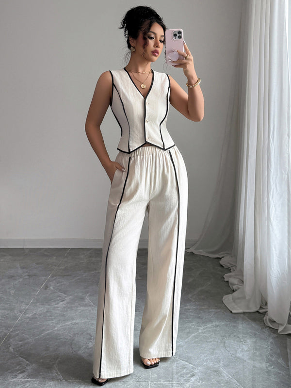 Button vest straight pants suit-[Adult]-[Female]-Cracker khaki-S-2022 Online Blue Zone Planet