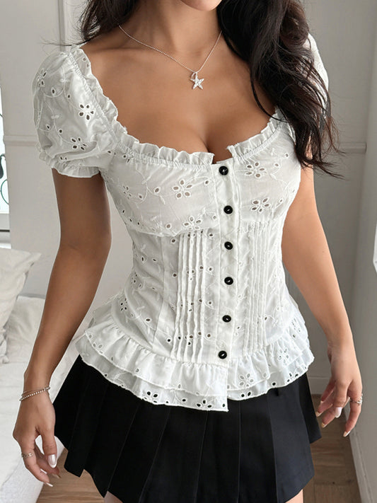Sexy hot girl hollow short-sleeved T-shirt shirt-[Adult]-[Female]-White-S-2022 Online Blue Zone Planet