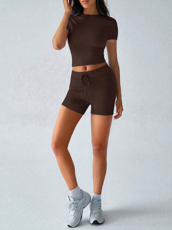 Brown Sports Style Short-Sleeved Lace-Up Shorts Two-Piece Set-[Adult]-[Female]-2022 Online Blue Zone Planet