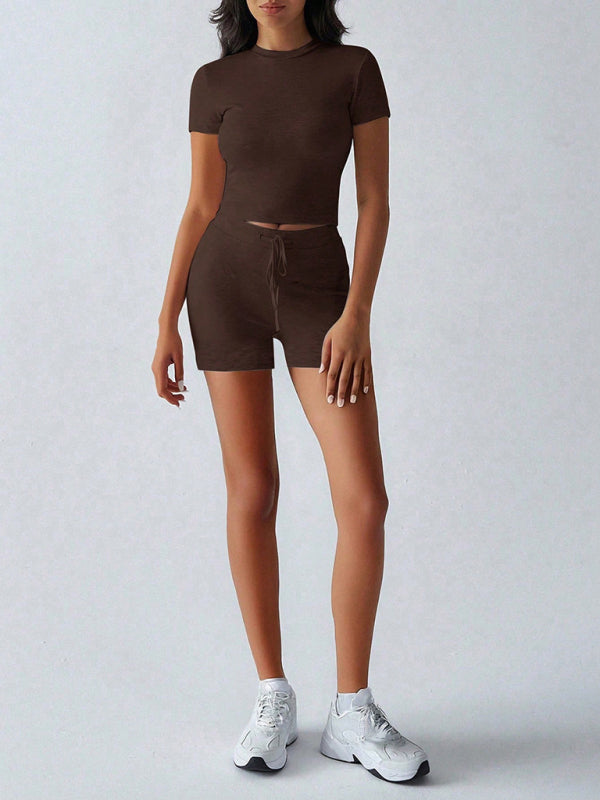 Brown Sports Style Short-Sleeved Lace-Up Shorts Two-Piece Set-[Adult]-[Female]-Brown-S-2022 Online Blue Zone Planet