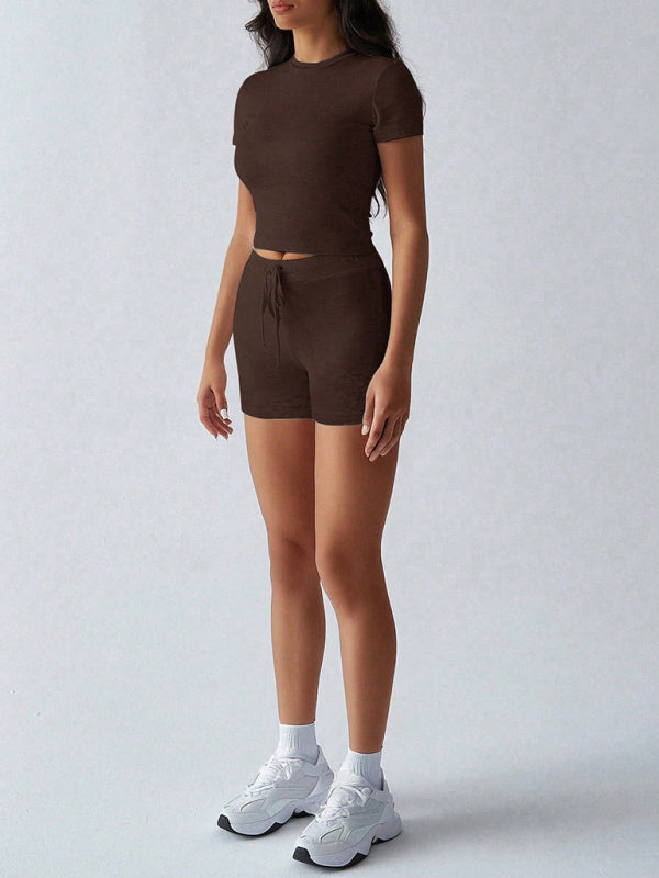 Brown Sports Style Short-Sleeved Lace-Up Shorts Two-Piece Set-[Adult]-[Female]-2022 Online Blue Zone Planet