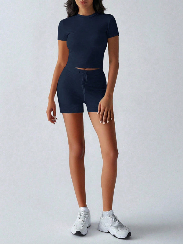 Navy Blue Sports Style Short-Sleeved Lace-Up Shorts Two-Piece Set-[Adult]-[Female]-2022 Online Blue Zone Planet