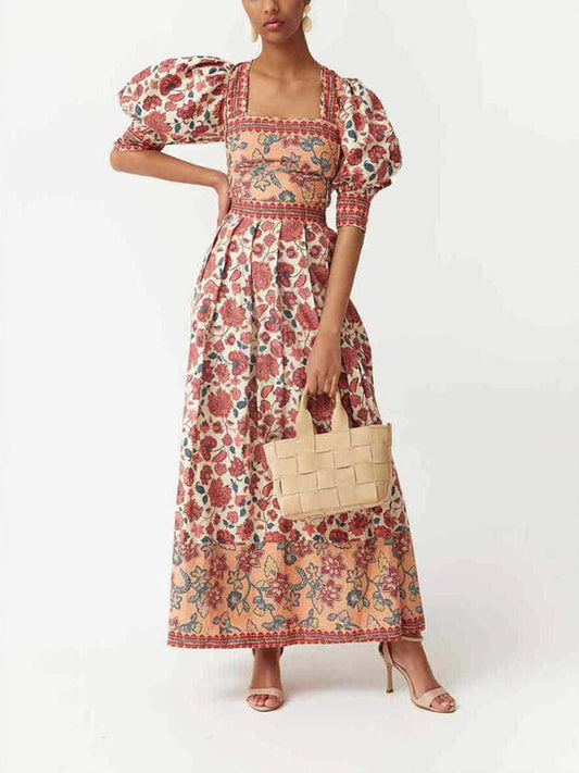 Casual Print Top Square Neck Skirt Two-Piece Set-[Adult]-[Female]-Orange-S-2022 Online Blue Zone Planet