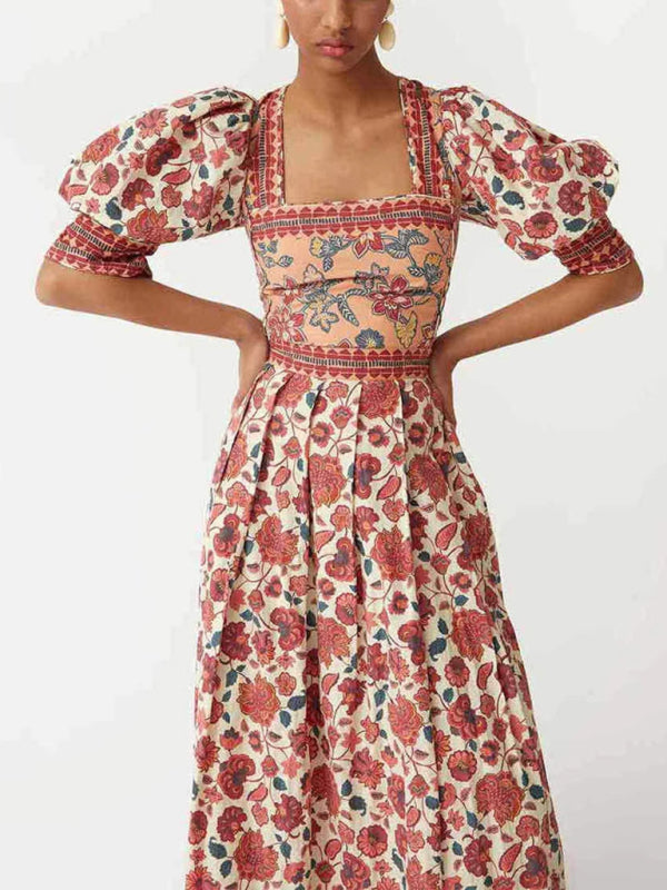 Casual Print Top Square Neck Skirt Two-Piece Set-[Adult]-[Female]-2022 Online Blue Zone Planet