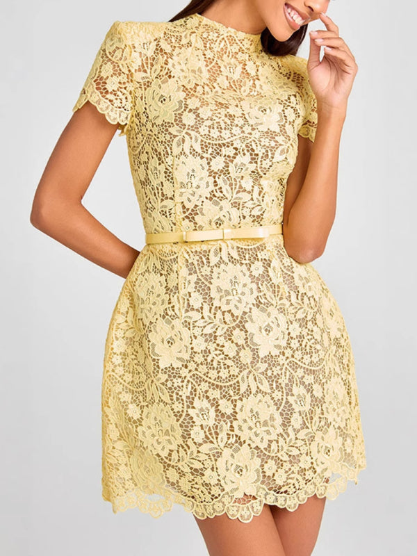 Sexy See-Through Lace Yellow Round Neck Miniskirt Dress-[Adult]-[Female]-Yellow-S-2022 Online Blue Zone Planet