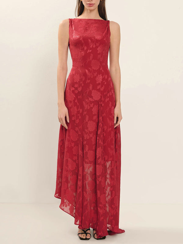 Lace backless slim fit jacquard red irregular dress-[Adult]-[Female]-2022 Online Blue Zone Planet