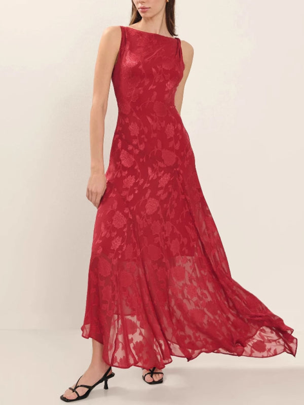 Lace backless slim fit jacquard red irregular dress-[Adult]-[Female]-Red-S-2022 Online Blue Zone Planet