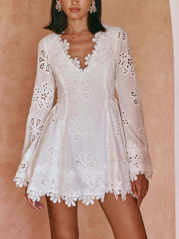 Long Sleeve Lace V-Neck Slim Fit Short Dress-[Adult]-[Female]-2022 Online Blue Zone Planet
