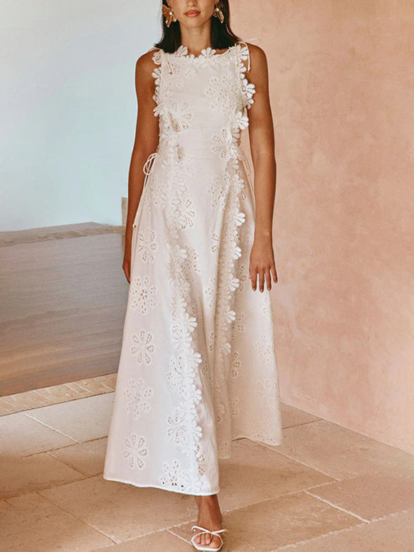 Lace Embroidery Tie-Strap Holiday Fitted Maxi Dress-[Adult]-[Female]-White-S-2022 Online Blue Zone Planet