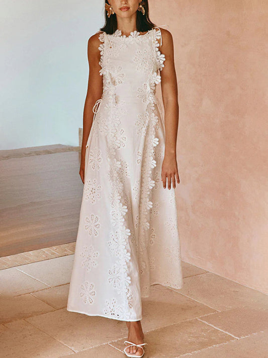 Lace Embroidery Tie-Strap Holiday Fitted Maxi Dress-[Adult]-[Female]-White-S-2022 Online Blue Zone Planet