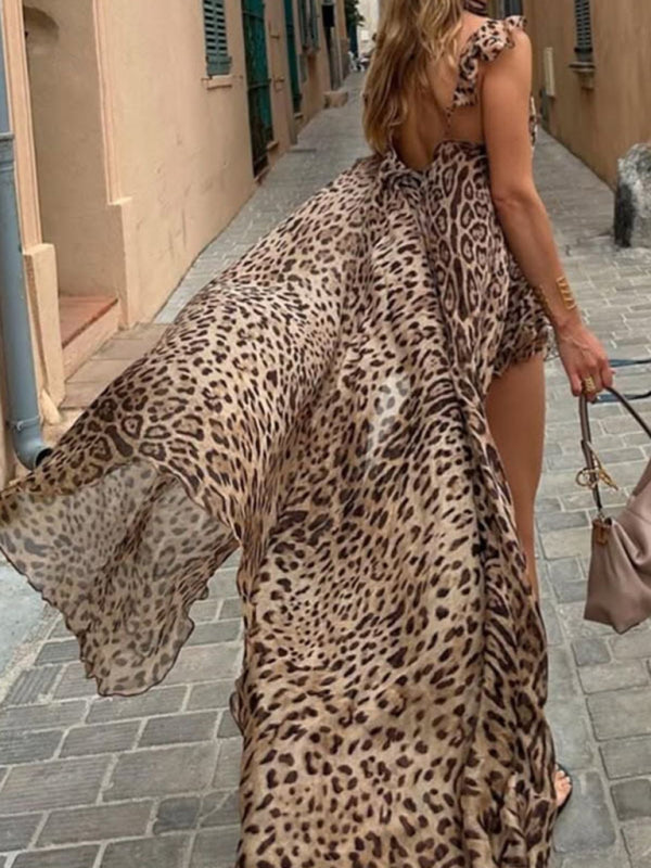 New chiffon printed suspender long skirt holiday loose leopard print two-piece set-[Adult]-[Female]-2022 Online Blue Zone Planet