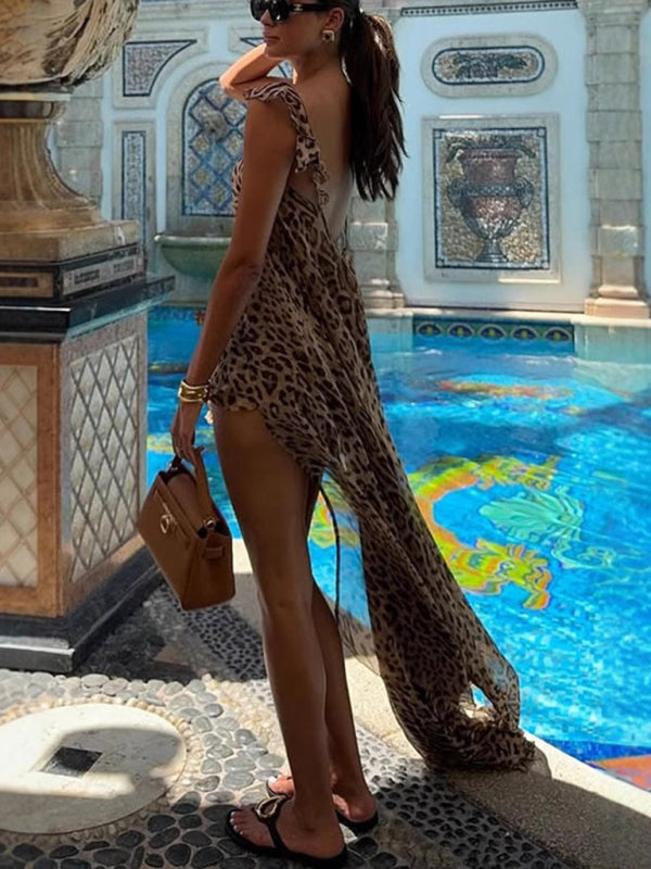 New chiffon printed suspender long skirt holiday loose leopard print two-piece set-[Adult]-[Female]-2022 Online Blue Zone Planet