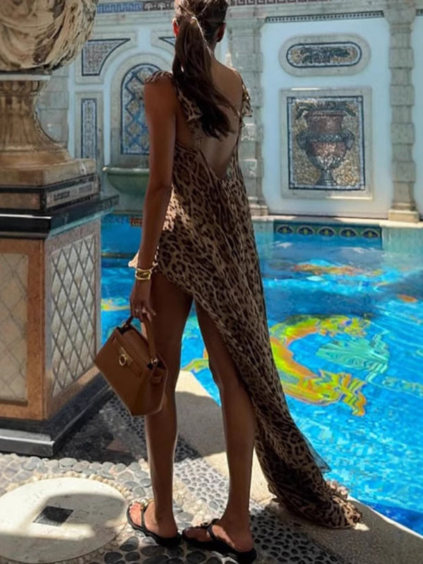 New chiffon printed suspender long skirt holiday loose leopard print two-piece set-[Adult]-[Female]-2022 Online Blue Zone Planet