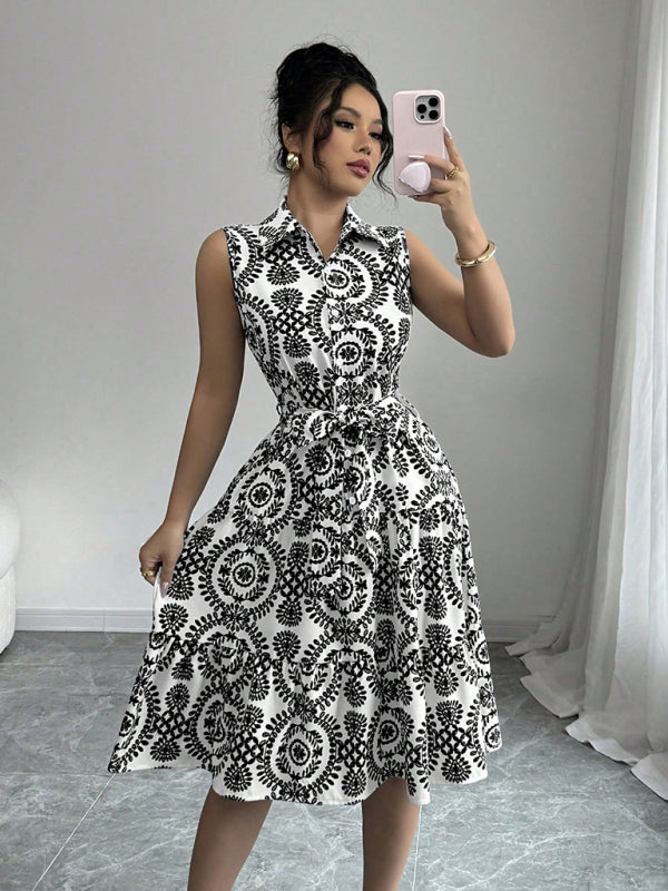 Fashionable off-shoulder waist-binding printed sleeveless dress-[Adult]-[Female]-Black-S-2022 Online Blue Zone Planet