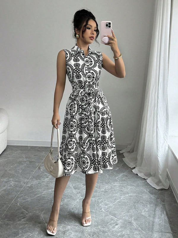 Fashionable off-shoulder waist-binding printed sleeveless dress-[Adult]-[Female]-2022 Online Blue Zone Planet