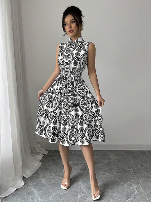 Fashionable off-shoulder waist-binding printed sleeveless dress-[Adult]-[Female]-2022 Online Blue Zone Planet