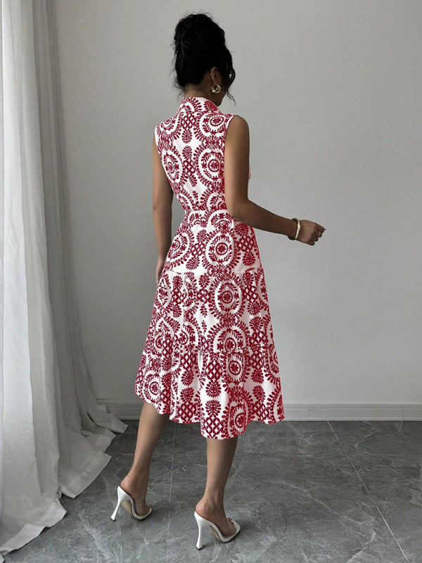 Fashionable off-shoulder waist-binding red printed sleeveless dress-[Adult]-[Female]-2022 Online Blue Zone Planet