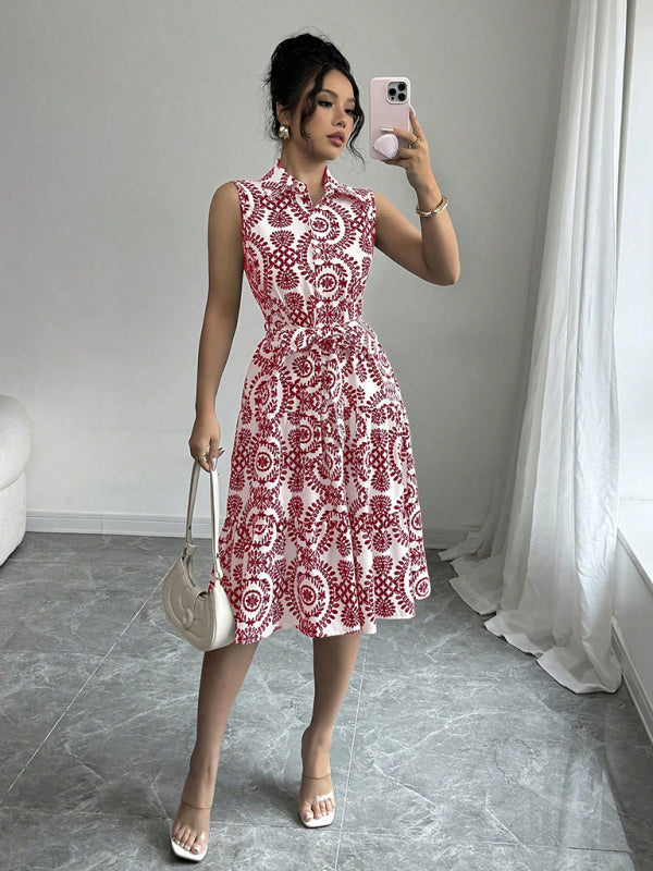 Fashionable off-shoulder waist-binding red printed sleeveless dress-[Adult]-[Female]-2022 Online Blue Zone Planet
