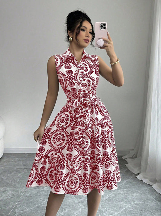 Fashionable off-shoulder waist-binding red printed sleeveless dress-[Adult]-[Female]-Red-S-2022 Online Blue Zone Planet