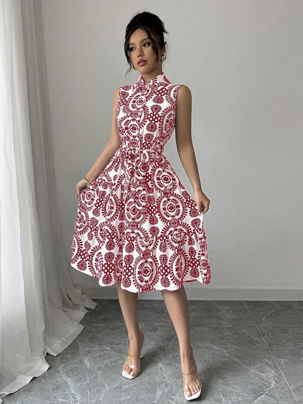 Fashionable off-shoulder waist-binding red printed sleeveless dress-[Adult]-[Female]-2022 Online Blue Zone Planet