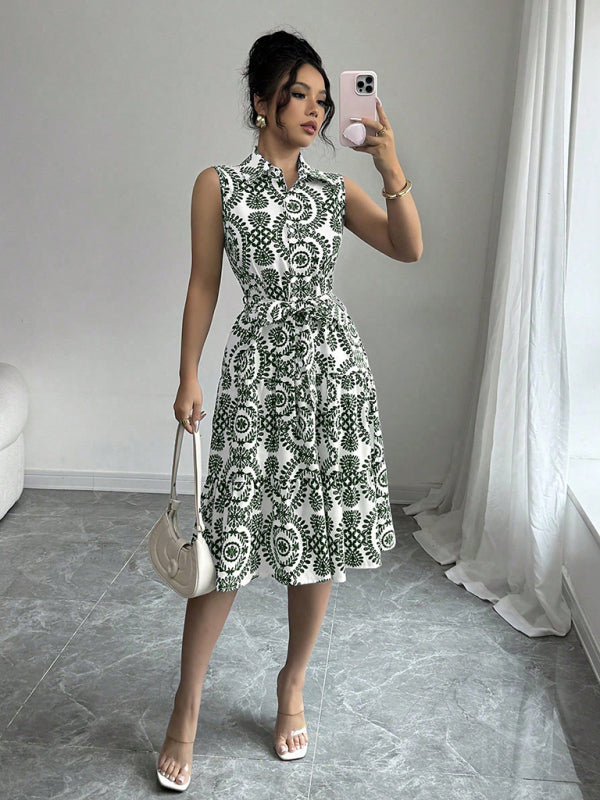 Fashionable off-shoulder waist-binding green printed sleeveless dress-[Adult]-[Female]-2022 Online Blue Zone Planet