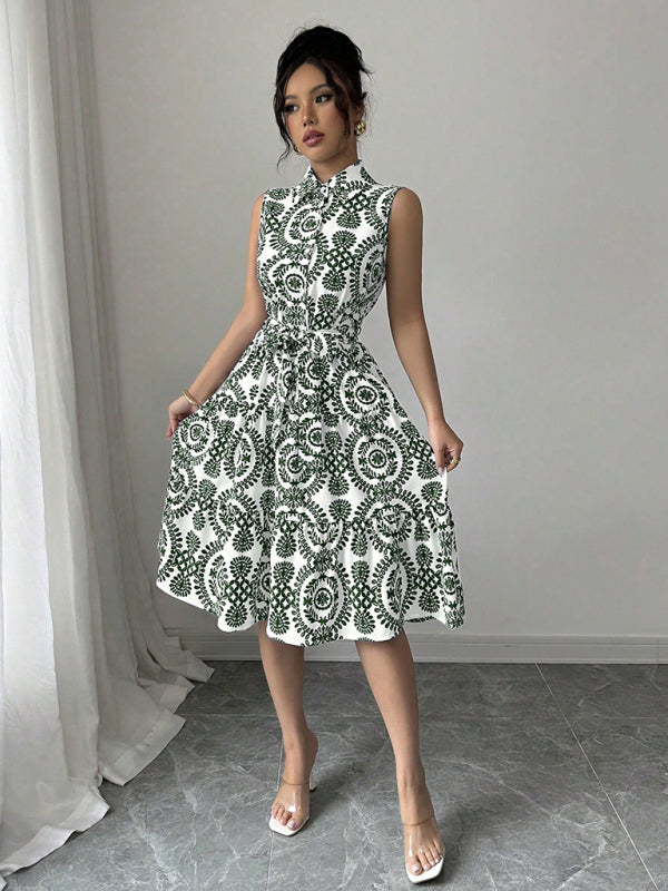 Fashionable off-shoulder waist-binding green printed sleeveless dress-[Adult]-[Female]-2022 Online Blue Zone Planet