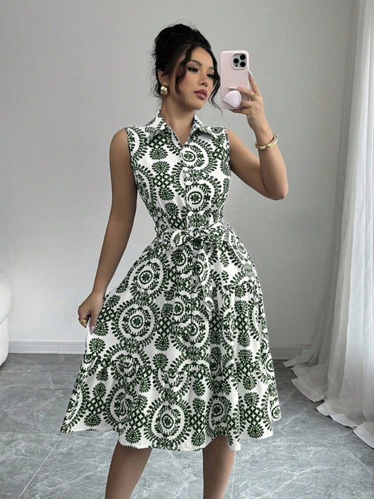 Fashionable off-shoulder waist-binding green printed sleeveless dress-[Adult]-[Female]-Green-S-2022 Online Blue Zone Planet