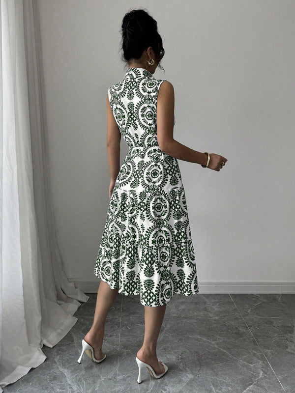 Fashionable off-shoulder waist-binding green printed sleeveless dress-[Adult]-[Female]-2022 Online Blue Zone Planet