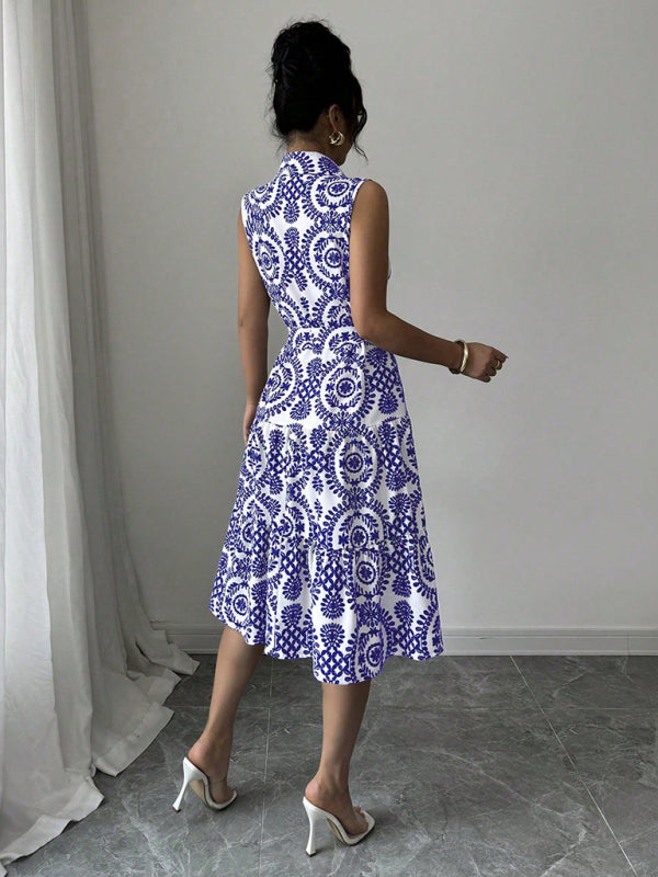 Fashionable off-shoulder waist-binding blue printed sleeveless dress-[Adult]-[Female]-2022 Online Blue Zone Planet